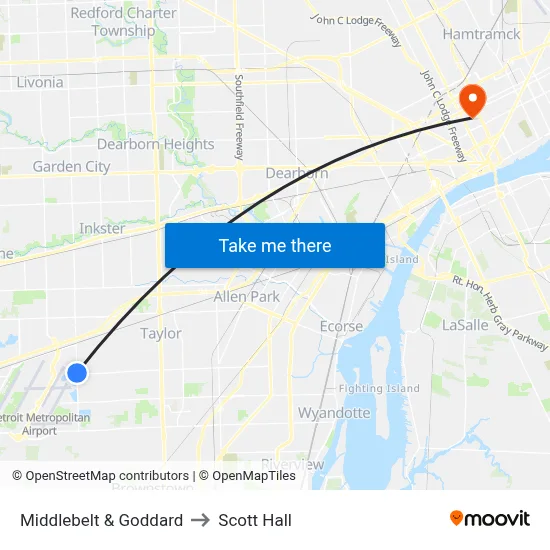 Middlebelt & Goddard to Scott Hall map