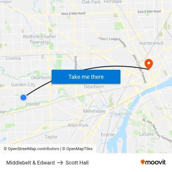 Middlebelt & Edward to Scott Hall map