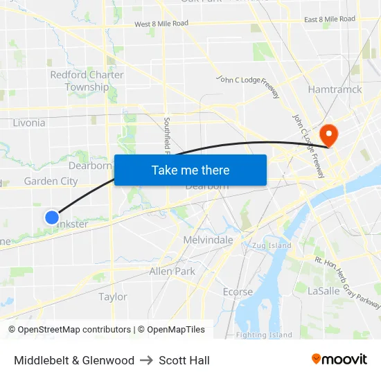 Middlebelt & Glenwood to Scott Hall map