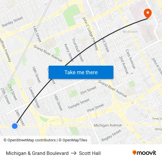 Michigan & Grand Boulevard to Scott Hall map