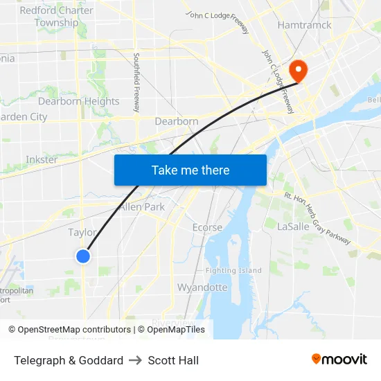 Telegraph & Goddard to Scott Hall map
