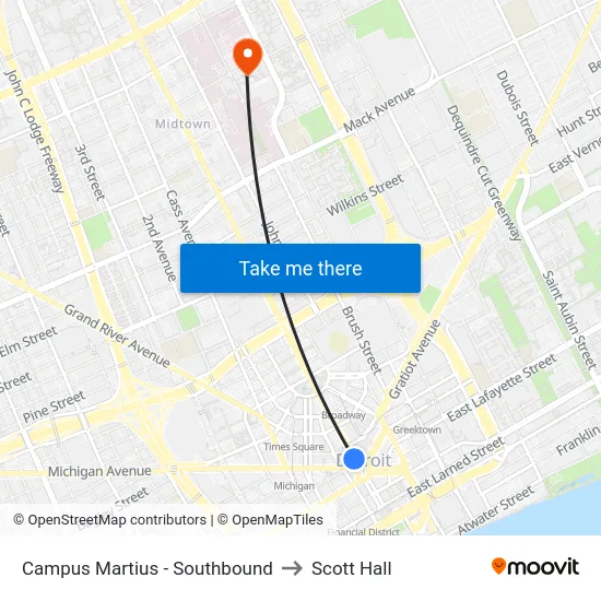 Campus Martius - Southbound to Scott Hall map