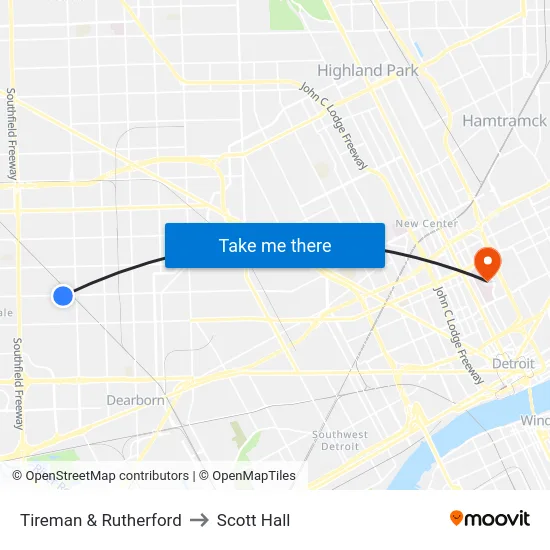 Tireman & Rutherford to Scott Hall map