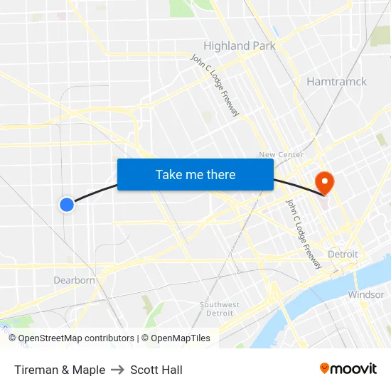 Tireman & Maple to Scott Hall map