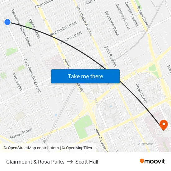 Clairmount & Rosa Parks to Scott Hall map