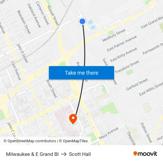 Milwaukee & E Grand Bl to Scott Hall map