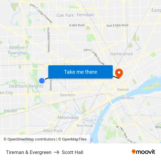 Tireman & Evergreen to Scott Hall map