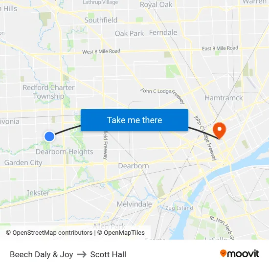 Beech Daly & Joy to Scott Hall map