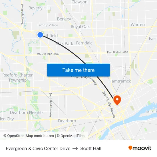 Evergreen & Civic Center Drive to Scott Hall map