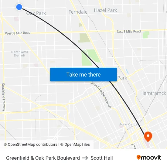 Greenfield & Oak Park Boulevard to Scott Hall map