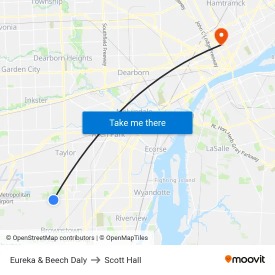 Eureka & Beech Daly to Scott Hall map