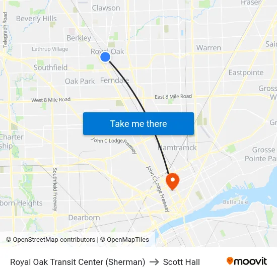 Royal Oak Transit Center (Sherman) to Scott Hall map
