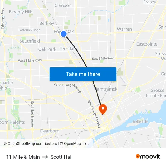 11 Mile & Main to Scott Hall map