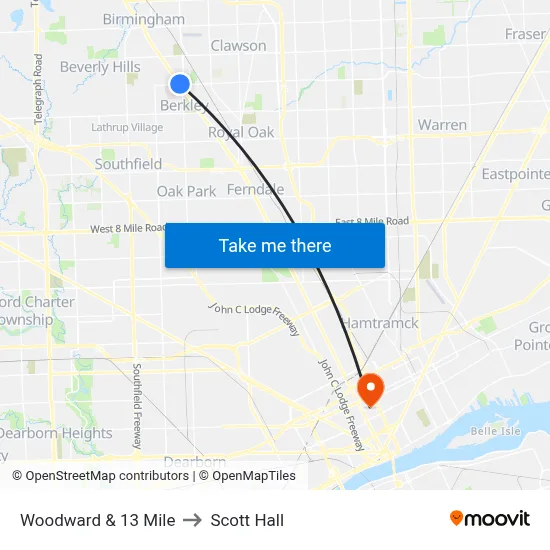 Woodward & 13 Mile to Scott Hall map
