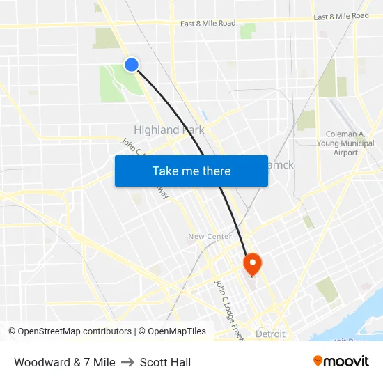 Woodward & 7 Mile to Scott Hall map