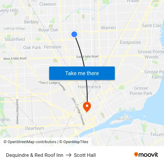 Dequindre & Red Roof Inn to Scott Hall map