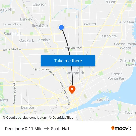 Dequindre & 11 Mile to Scott Hall map