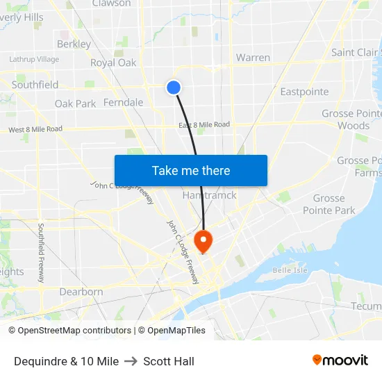 Dequindre & 10 Mile to Scott Hall map