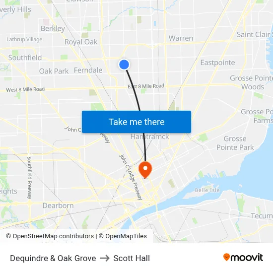 Dequindre & Oak Grove to Scott Hall map