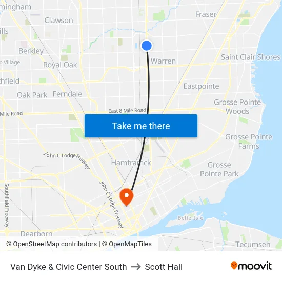 Van Dyke & Civic Center South to Scott Hall map