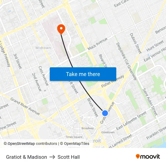 Gratiot & Madison to Scott Hall map