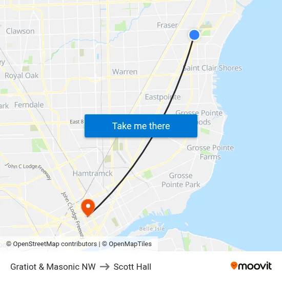 Gratiot & Masonic NW to Scott Hall map