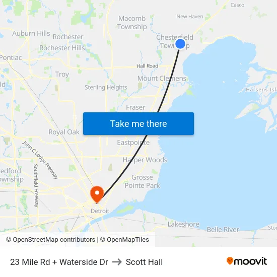 23 Mile Rd + Waterside Dr to Scott Hall map