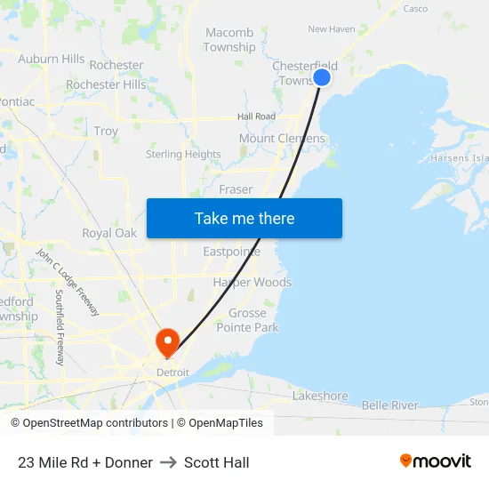 23 Mile Rd + Donner to Scott Hall map