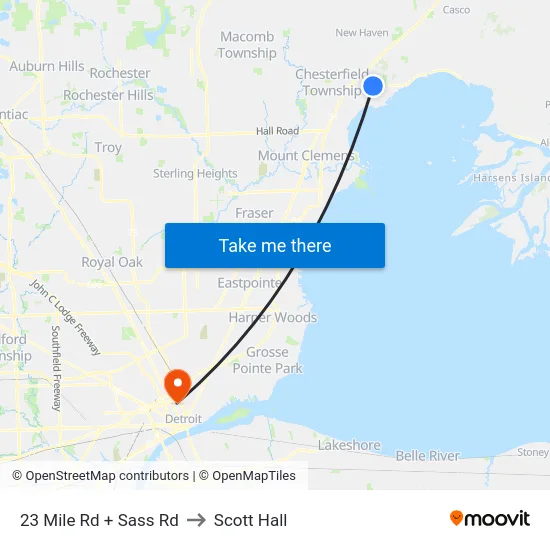 23 Mile Rd + Sass Rd to Scott Hall map