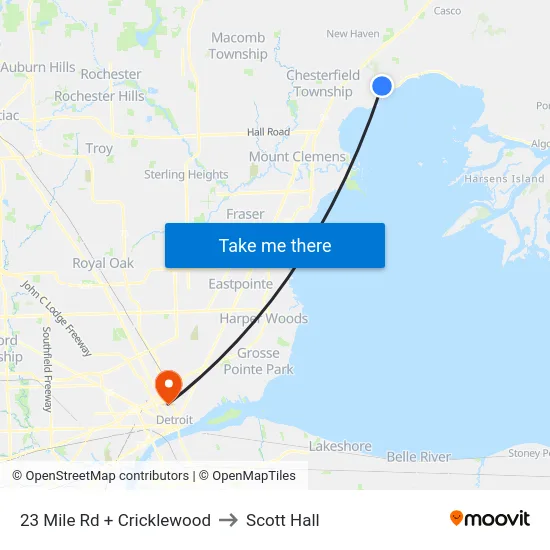 23 Mile Rd + Cricklewood to Scott Hall map