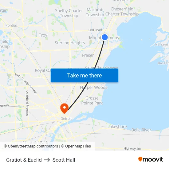 Gratiot & Euclid to Scott Hall map