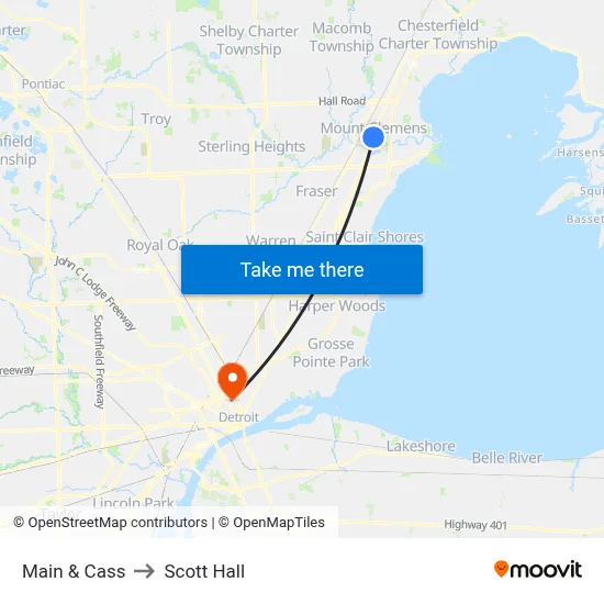 Main & Cass to Scott Hall map