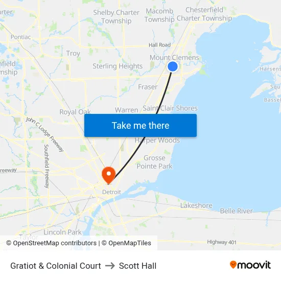 Gratiot & Colonial Court to Scott Hall map