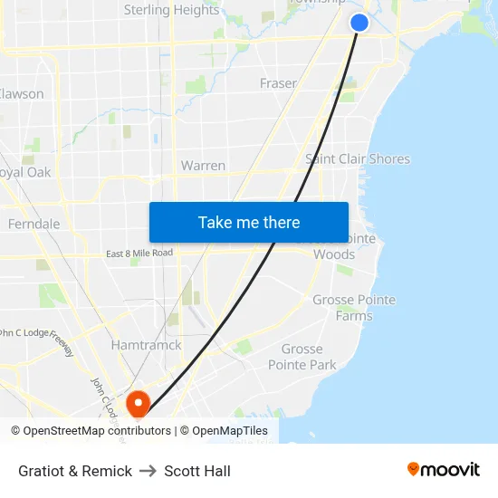 Gratiot & Remick to Scott Hall map