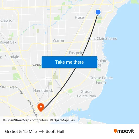 Gratiot & 15 Mile to Scott Hall map