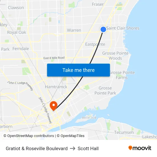 Gratiot & Roseville Boulevard to Scott Hall map