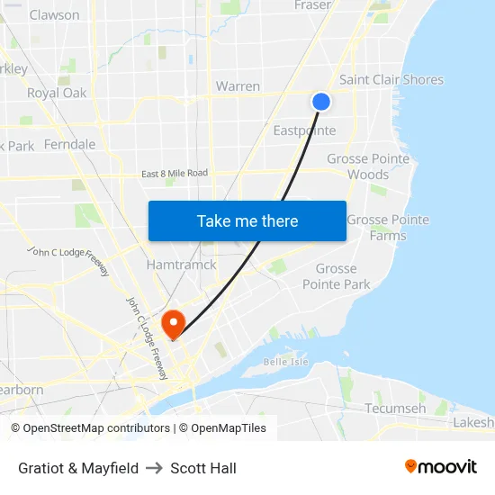 Gratiot & Mayfield to Scott Hall map