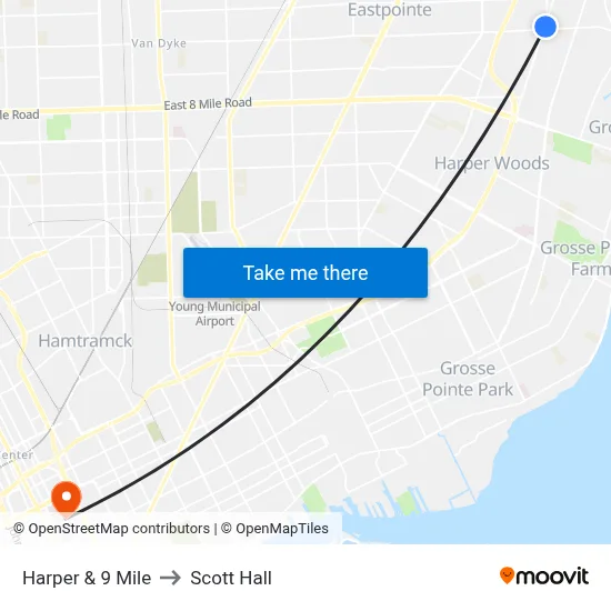 Harper & 9 Mile to Scott Hall map