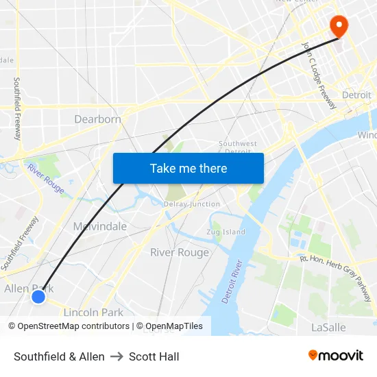 Southfield & Allen to Scott Hall map