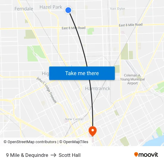9 Mile & Dequindre to Scott Hall map