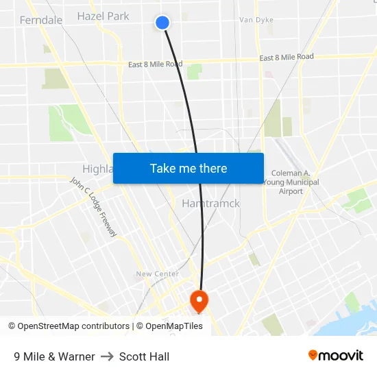 9 Mile & Warner to Scott Hall map