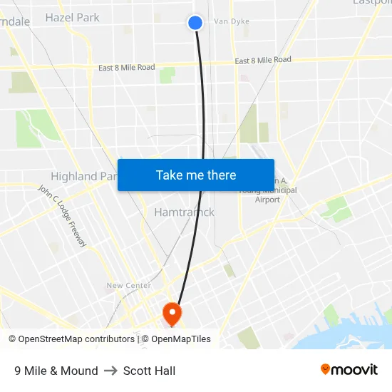 9 Mile & Mound to Scott Hall map