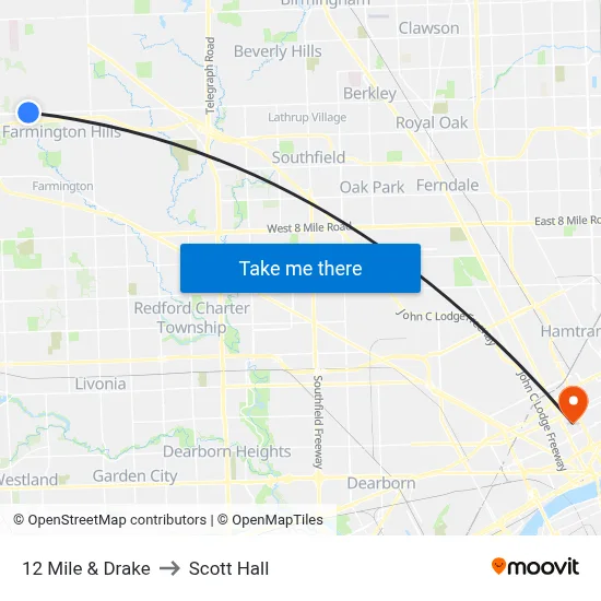 12 Mile & Drake to Scott Hall map