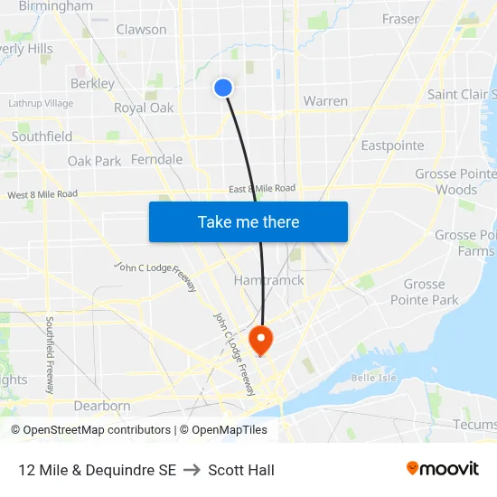12 Mile & Dequindre SE to Scott Hall map