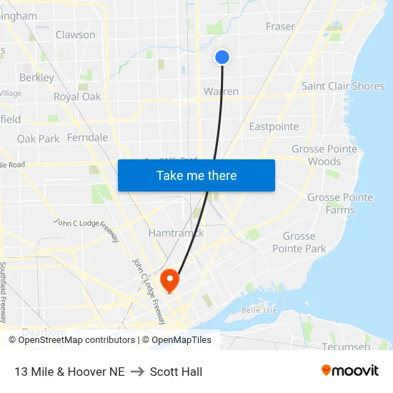 13 Mile & Hoover NE to Scott Hall map