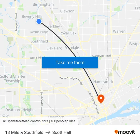 13 Mile & Southfield to Scott Hall map
