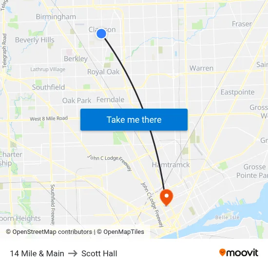 14 Mile & Main to Scott Hall map