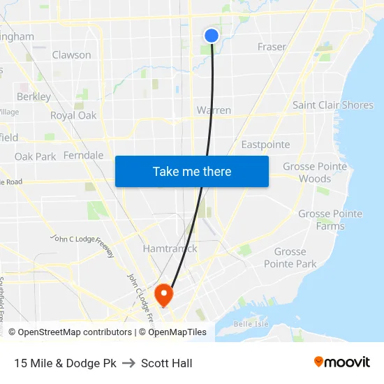 15 Mile & Dodge Pk to Scott Hall map
