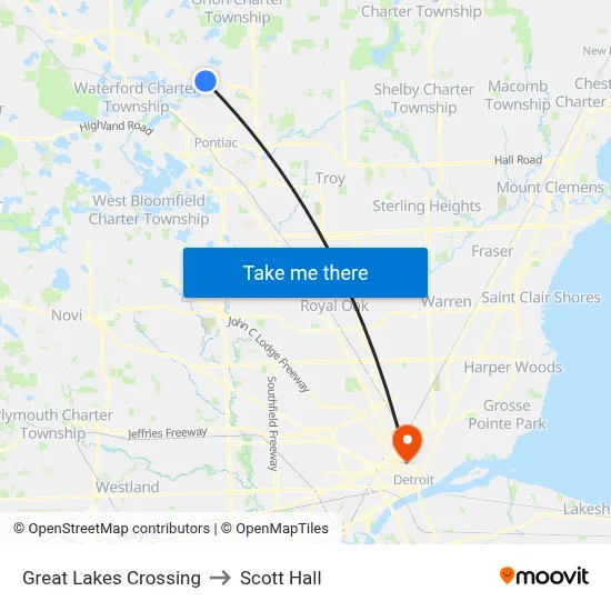 Great Lakes Crossing to Scott Hall map