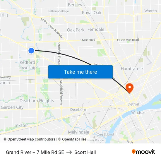 Grand River + 7 Mile Rd SE to Scott Hall map